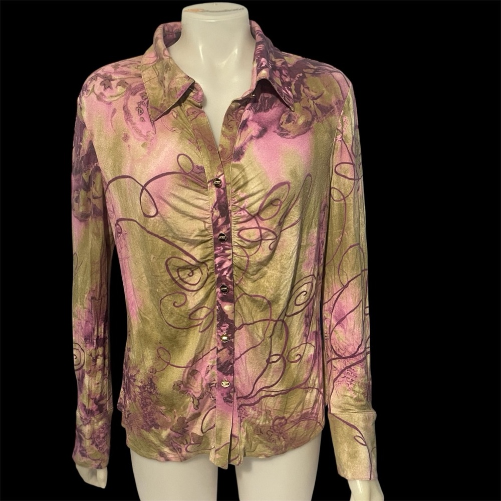 St. John Sport Logo Button Down Long Sleeve Knit Blouse SzL
